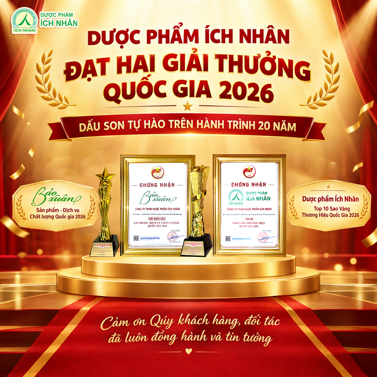 DƯỢC PHẨM ÍCH NHÂN ĐẠT HAI GIẢI THƯỞNG QUỐC GIA 2026 – DẤU SON TỰ HÀO TRÊN HÀNH TRÌNH 20 NĂM